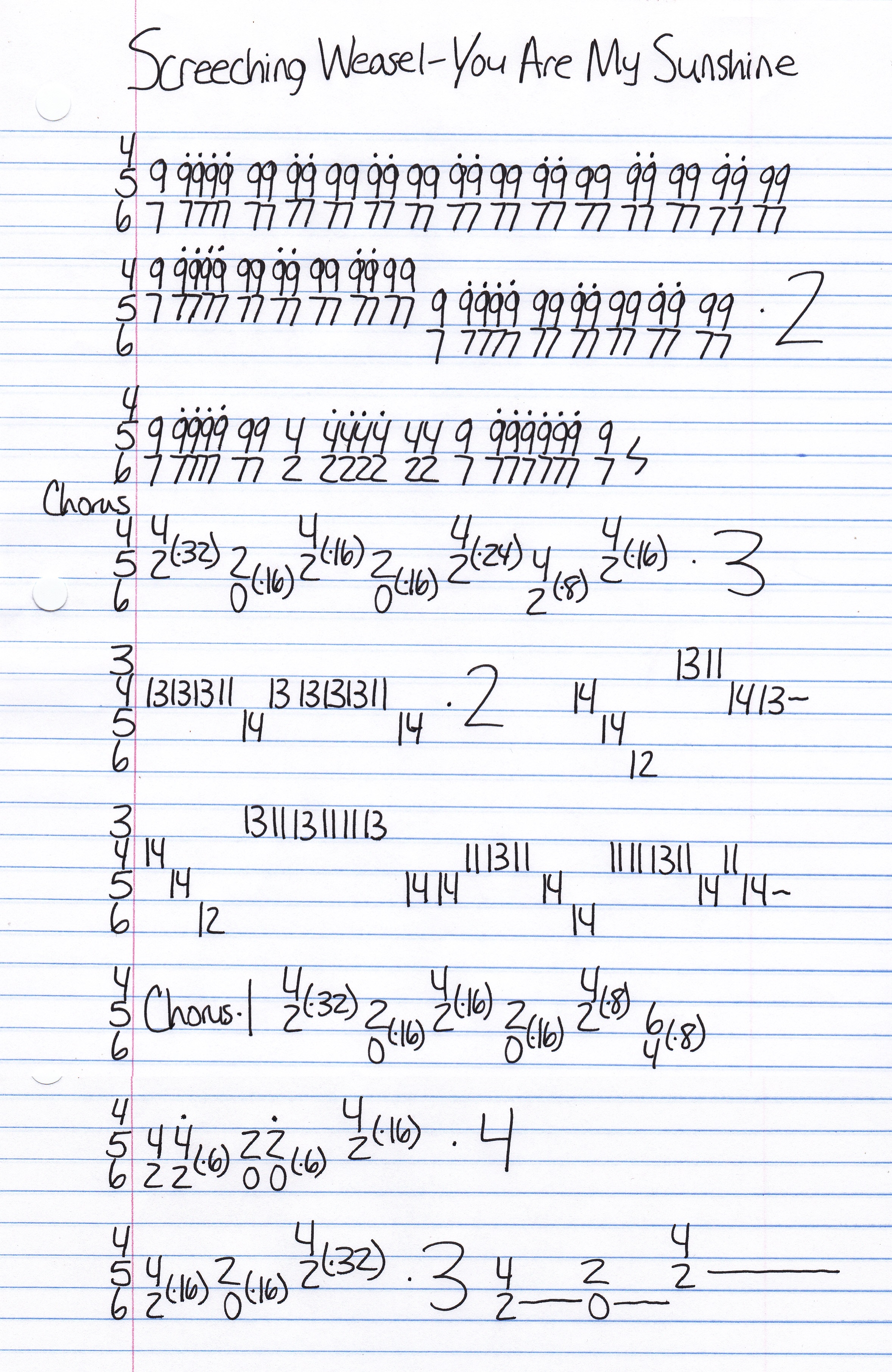High quality guitar tab for You Are My Sunshine by Screeching Weasel off of the album Thank You Very Little. ***Complete and accurate guitar tab!***